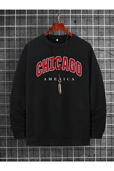 donamod Ανδρικό μαύρο φούτερ Chicago με τύπωμα oversized TWEBROKBS0001