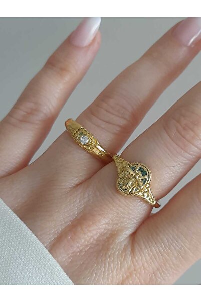 Bubbleatelier 2'li set vintage görünümlü gold yüzük ayarlanabilir