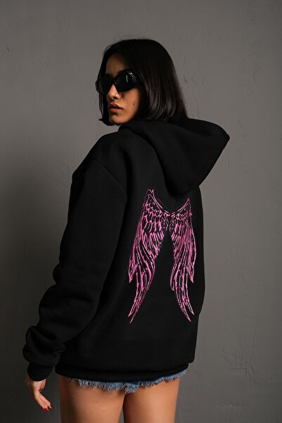 donamod سويت شيرت نسائي أسود بغطاء للرأس مطبوع عليه شعار الجناح الخلفي TS-SLGNW