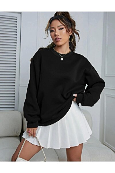 donamod PAGOS Negru Unisex supradimensionat guler rotund Swea tricou