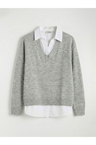 LC Waikiki Gray shirt collar women's knit sweater