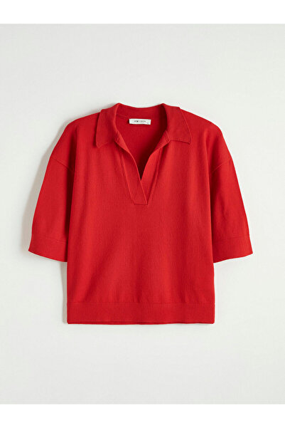 LC Waikiki Pulover tricotat supradimensionat pentru femei, roșu, cu guler polo