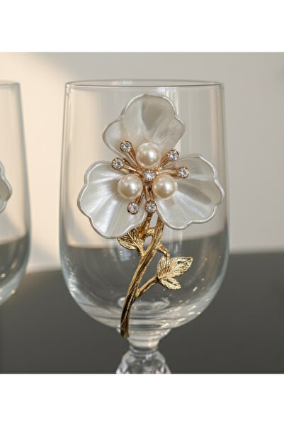 ASSA BAZAAR 6’lı İnci & Çiçek Detaylı Gold Metal Süslemeli Ayaklı Cam Kahve Y...