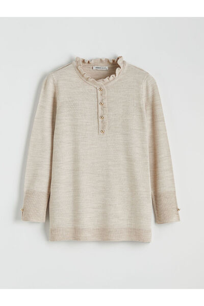 LC Waikiki Bej Fırfırlı Dik Yaka Kadın Triko Kazak