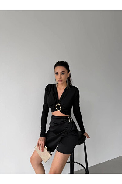 MetuCA Women's Black V-Neck Long Sleeve Double Layer Sandy Crop Blouse with R...