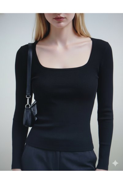 RİEMA Women's 3-Pack Basic 100% Cotton Corded Fabric Long-Sleeved Slim Fit Long Sleeve U-Neck Blouse,Crop,Body
