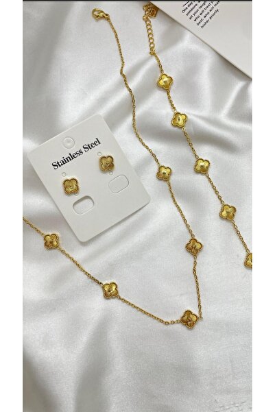 GUNESTAKI Gold Mini Çelik Kolye Bileklik Küpe Seti 3lü