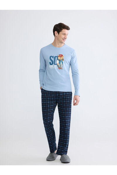 LC Waikiki Navy Blue Standard Fit Bear Teddy Printed Men's Pajama Set