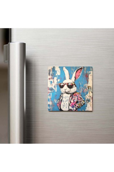 iBerk 9x9 cm Buzdolabı Magneti - White Rabbit - Beyaz Tavşan - Güneş Gözlüklü...