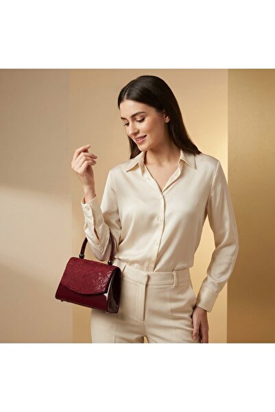 Letafia Dalida Patent Leather Lace Detailed Handle Bag Claret Red