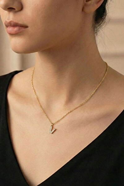 Pemila Design V Harfli Gold Renk Zincir Kolye - Kişiye Özel Baş Harf Kadın Ko...