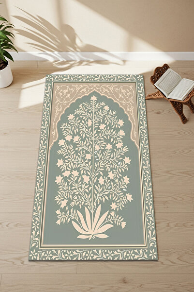 Etnik Dekor Large Plant Illustrated Digital Print Non-Slip Base Prayer Rug