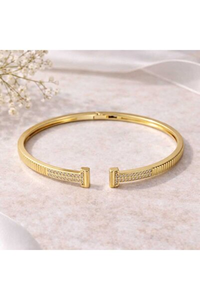 sheenez Zirkon Taşlı T Model VİP Çelik Kelepçe Bileklik Standart Ölçü