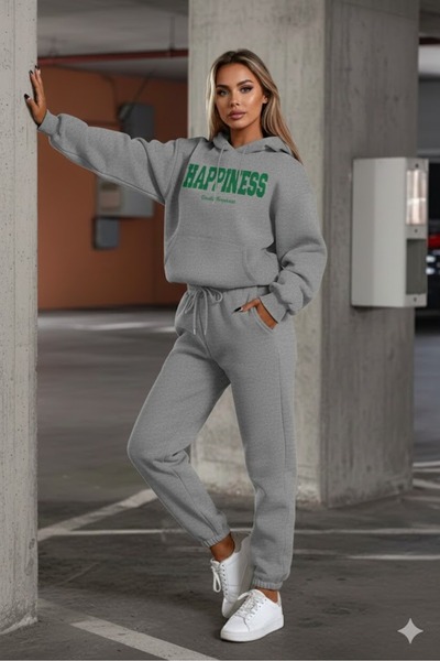 WOODROFFE Happıness Printed Hooded Alt Üst Oversized Women's Black Gray Track...