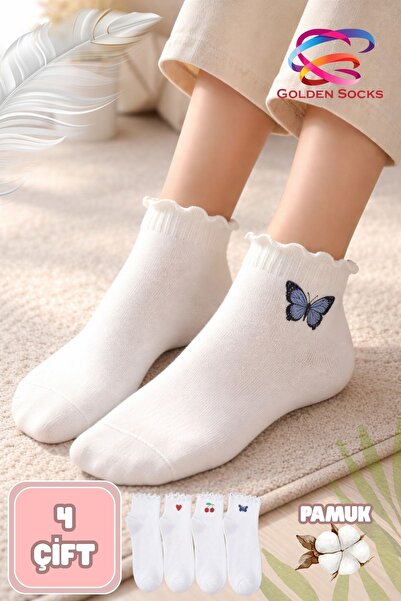 GOLDEN SOCKS Women's White Quality Cotton Short Ruffle Socks 4 Pairs Patterned