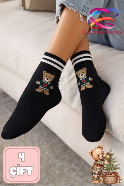 GOLDEN SOCKS Women's Cotton Socks 4 Pairs Teddy Bear Patterned Comfortable Daily Socks