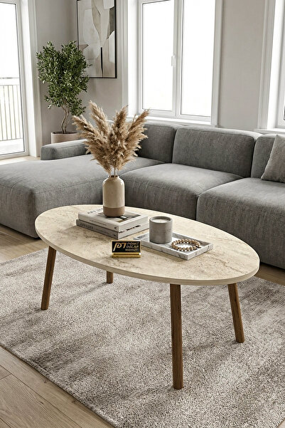 PDMPOİNT DOLAP MARKET Elips Orta Sehpa -Traverten