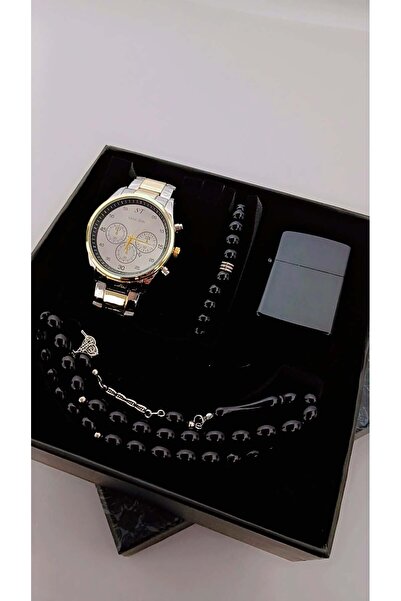 shop Erkek gümüş atın renkli saat bileklik tesbih çakmak set