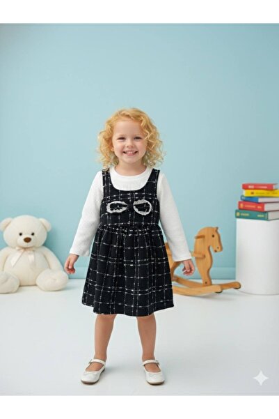 Erzani Kids فستان جيلي بحمالات أنيق للفتيات مع نقش مربعات وتفاصيل فيونكة