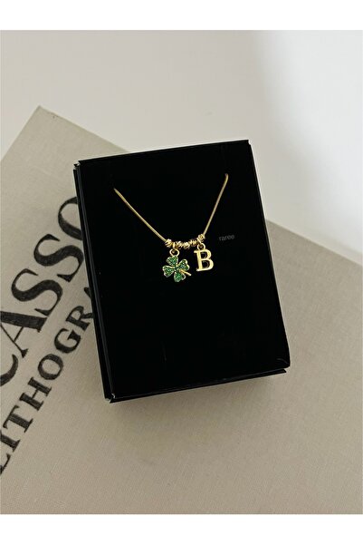 RAREE Yeşil şans yoncası ve zirkon harf charmlı çelik zincirli kolye hediyelik