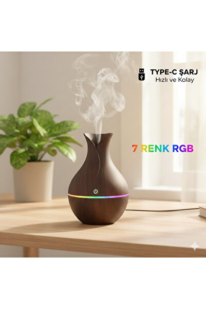 PRİME HOME Şarjlı Ahşap Vazo Görünümlü Buhar Makinesi - 7 Renk RGB Işıklı Aro...