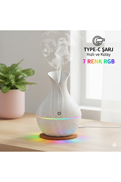 PRİME HOME Şarjlı Ahşap Vazo Görünümlü Buhar Makinesi - 7 Renk RGB Işıklı Aro...