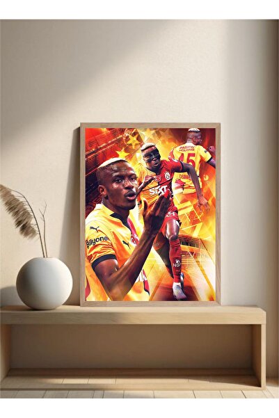 MOR TABLO Galatasaray Victor Osimhen Poster Tek Parça Doğal Ahşap Çerçeveli T...