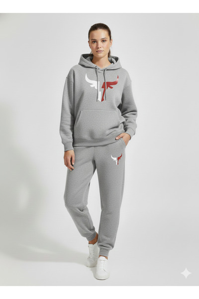 WOODROFFE Unisex Bull Horn Printed Bottom Top Gray Black O Oversized Tracksui...