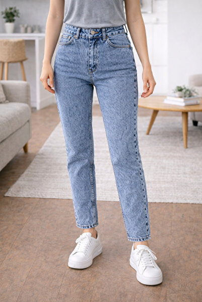 DELDNM Scarlet Women's Snow Blue High Waist Stretch Fabric Trend Mom Jean