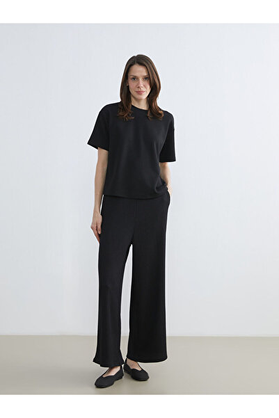 LC Waikiki Black Elastic Waist Textured Wide Leg Women's Trousers