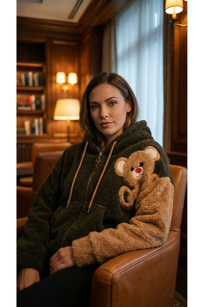 NESHA GROUP Kadın Peluş Sherpa Fermuarlı Kapüşonlu Teddy Aplikeli İki Renk Po...