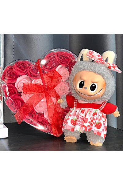 OEM Labubu and Heart Box with 24 Red-Pink Soap Roses, Luxury Gift Arrangement...