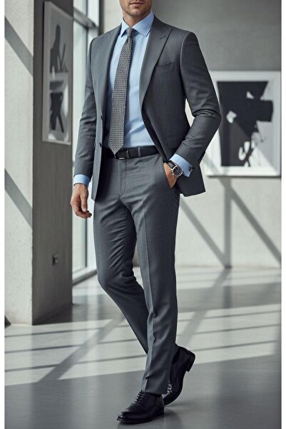 ilayda emir ياقة كيرلانجتش، بازلر، قصة ضيقة، زرين، 6 دروب، بدلة رجالية، رمادي