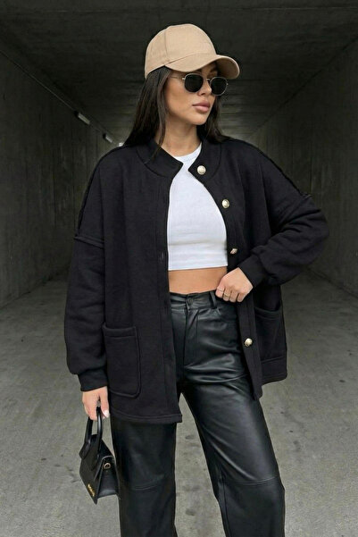 oshebu Black- Women's Oversized Pocketed Fleece-Lined Jacket