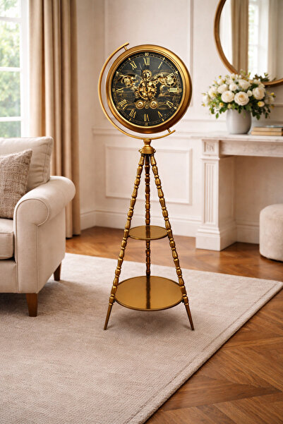 hediyeconcepti Lüks Pirinç Ayaklı Mekanik Detaylı Dekoratif Yer Saati – Vinta...