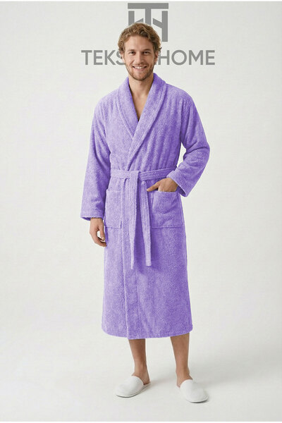 TeksNil Home 100% Cotton Unisex Bathrobe with Shawl Collar and Pockets, Large Size 3XL 4XL Lilac Men's and Women's Bathrobe