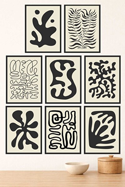 UNT Set de 8 tablouri cu imprimare UV MDF cu model de flori minimal alb-negru...