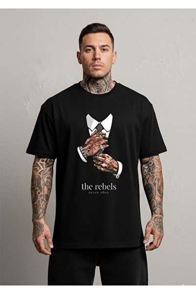 LORVEX The Rebels Never Obey Font Printed Oversized Unisex Cotton Tshirt - T-...