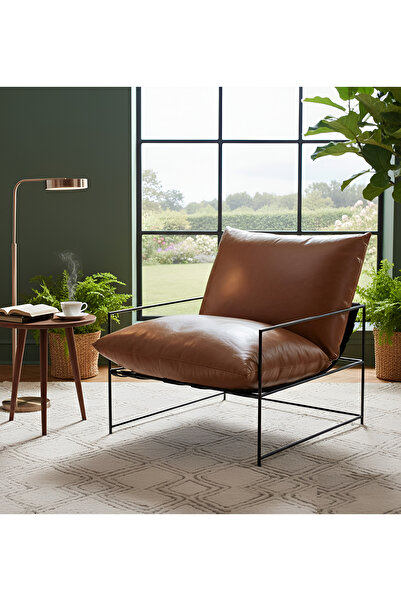 SLLER Modern Deri Berjer - Taba Tekli Koltuk - İskandinav Tasarım Metal Ayakl...