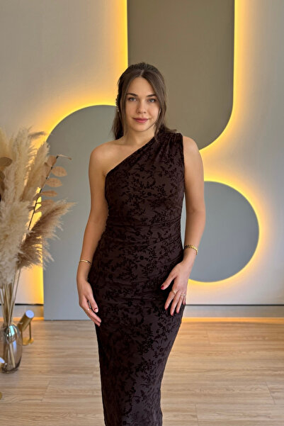 Aventien One Shoulder Floral Print Midi Tulle Dress