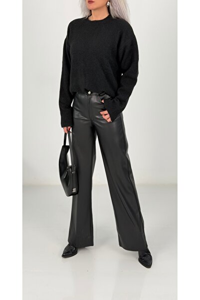 KAROL Siyah Suni Deri Yüksek Bel Bol Paça Kadın Pantolon