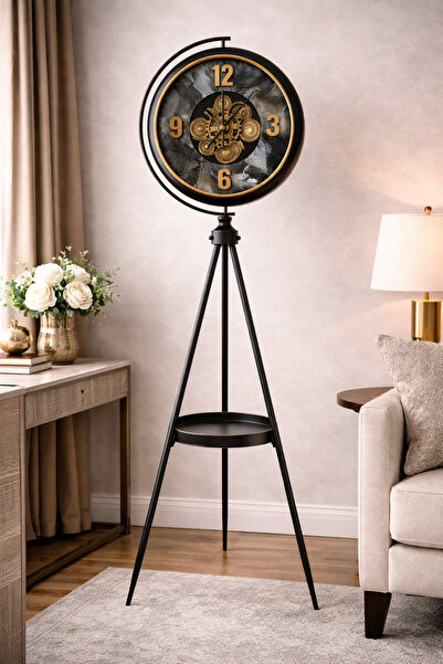 hediyeconcepti Tripod Ayaklı Mekanik Detaylı Dekoratif Yer Saati – Siyah & Al...
