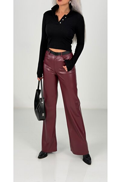 KAROL Bordo Suni Deri Yüksek Bel Bol Paça Kadın Pantolon
