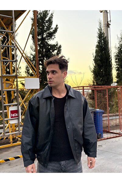 XPUPPETWEAR معطف جلدي أساسي للرجال مزود بـ قصة فضفاضة سحاب باللون الأسود