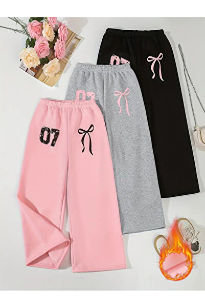 Kids Kız Çocuk 3'lü Paket Baggy Kalıp 07 Kurdele Baskılı Eşofman Altı (Pembe-...