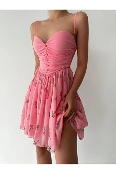 hillone Tül Askılı Göğüs Düğme Ve Büzgü Detaylı Dökümlü Mini Elbise