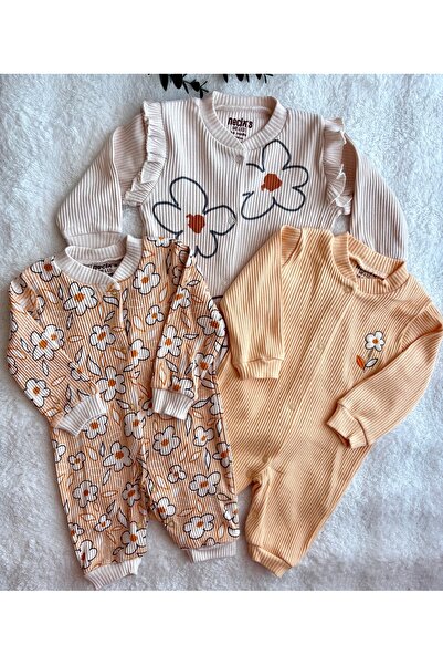 BEREN Necix's 3'lü Kız Bebek Tulum Seti - Fitilli Pamuklu Çiçekli Ribana Tulum