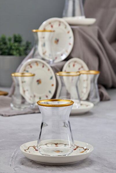 ers erbaşlar Colorful Flower Gold Decorated 12 Piece Tea Cups for 6 People, T...
