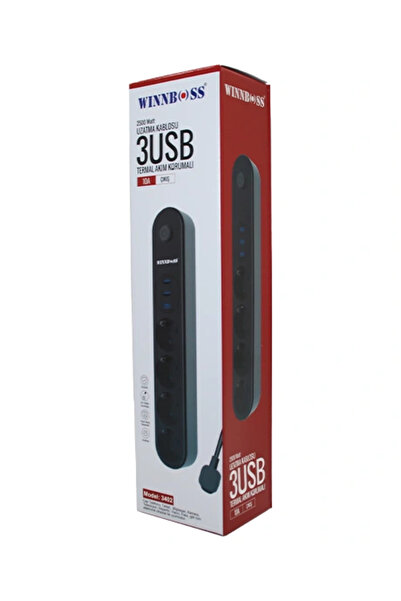 TERMAL AKIM KORUMALI 4LÜ PRİZ 3XUSB 2MT ANAHTARLI UZATMA KABLO SİYAH 10A - 2500W (5047)
