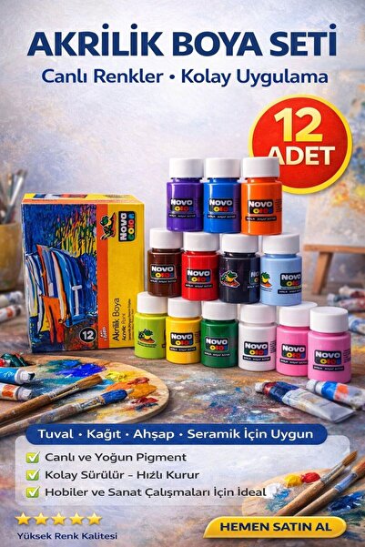 ANI OFİS KIRTASİYE A K Akrilik Boya Seti 12’li – Canlı Renkler ve Yoğun Pigment